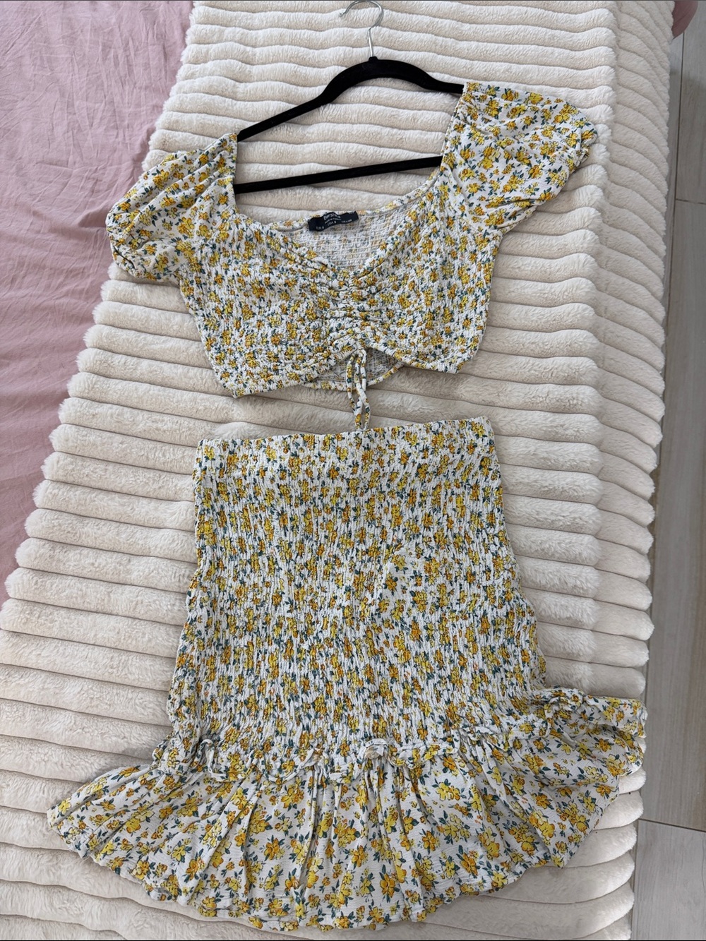Bershka White & Yellow Floral Smocked Crop Top
